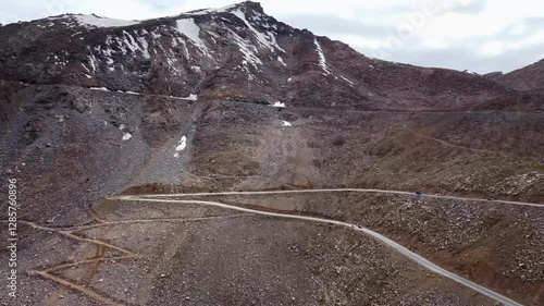 An aerial view of beautiful Himalayan mountains near Khardungla Pass, which passes through the Khardung La road, the world's highest motorable road, in the union territory of Ladakh, India.