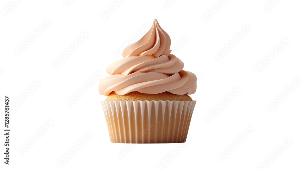 Delicious cupcake topped with creamy pink frosting on a plain background Delicious cupcake topped with creamy pink frosting on a plain background