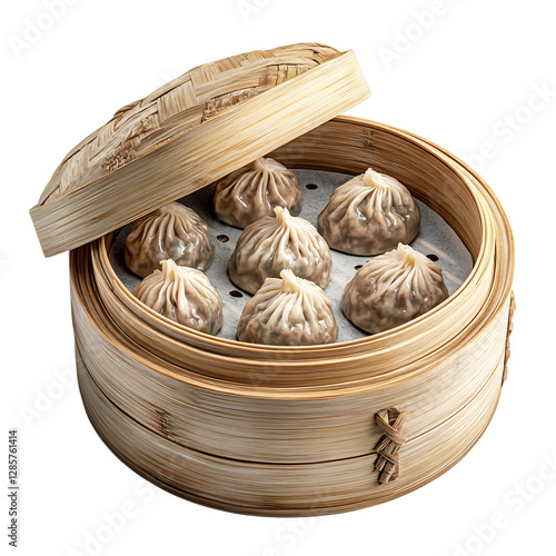 A Traditional Bamboo Steamer Filled with Festive Dumplings Isolated on Transparent Background photo