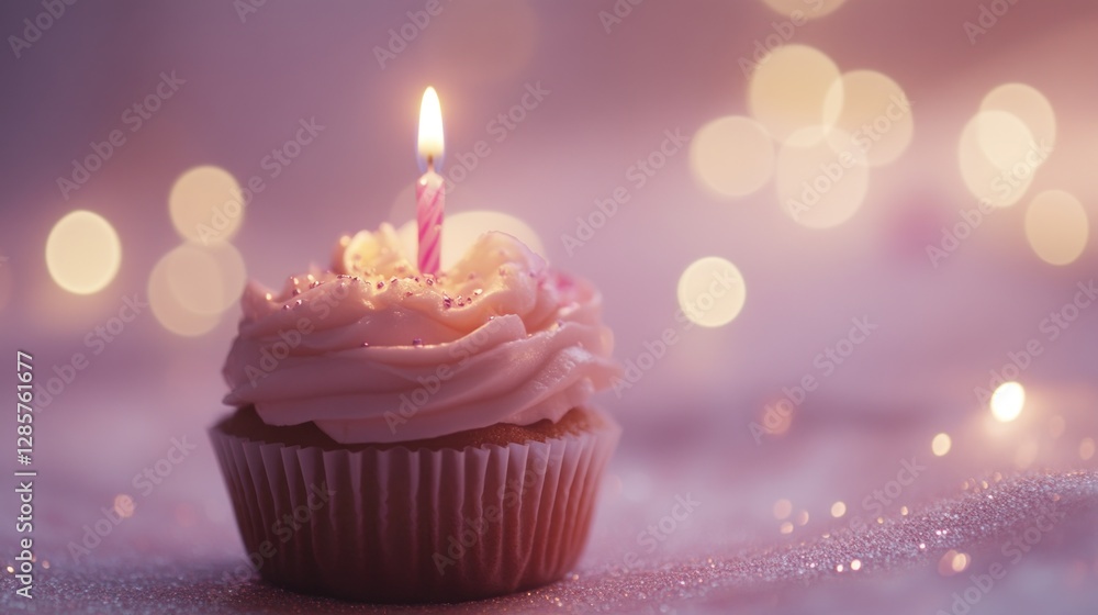 Birthday cupcake with candle amidst soft bokeh lighting in a festive mood Birthday cupcake with candle amidst soft bokeh lighting in a festive mood