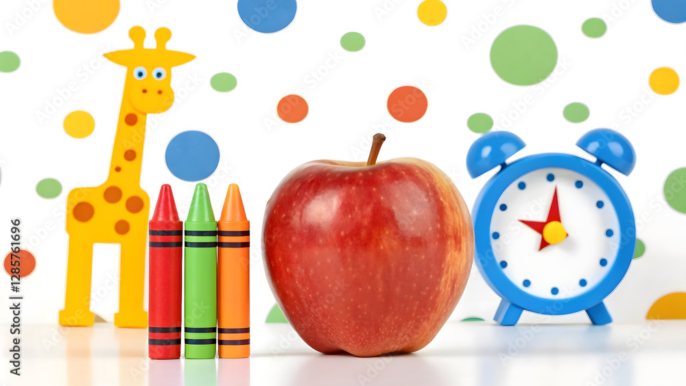 Naklejka premium Colourful school supplies with red apple, clock, crayons, pencil, and fun giraffe background, education, learning, childhood, and creativity