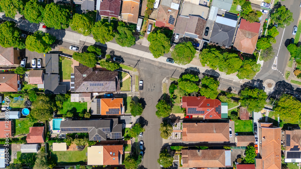 Fototapeta premium Aerial Panorama Drone View of a inner western Sydney Suburb of Ashbury Urban Sprawl and the terrecotta roof tops streets and trees of Suburban Sydney NSW Australia