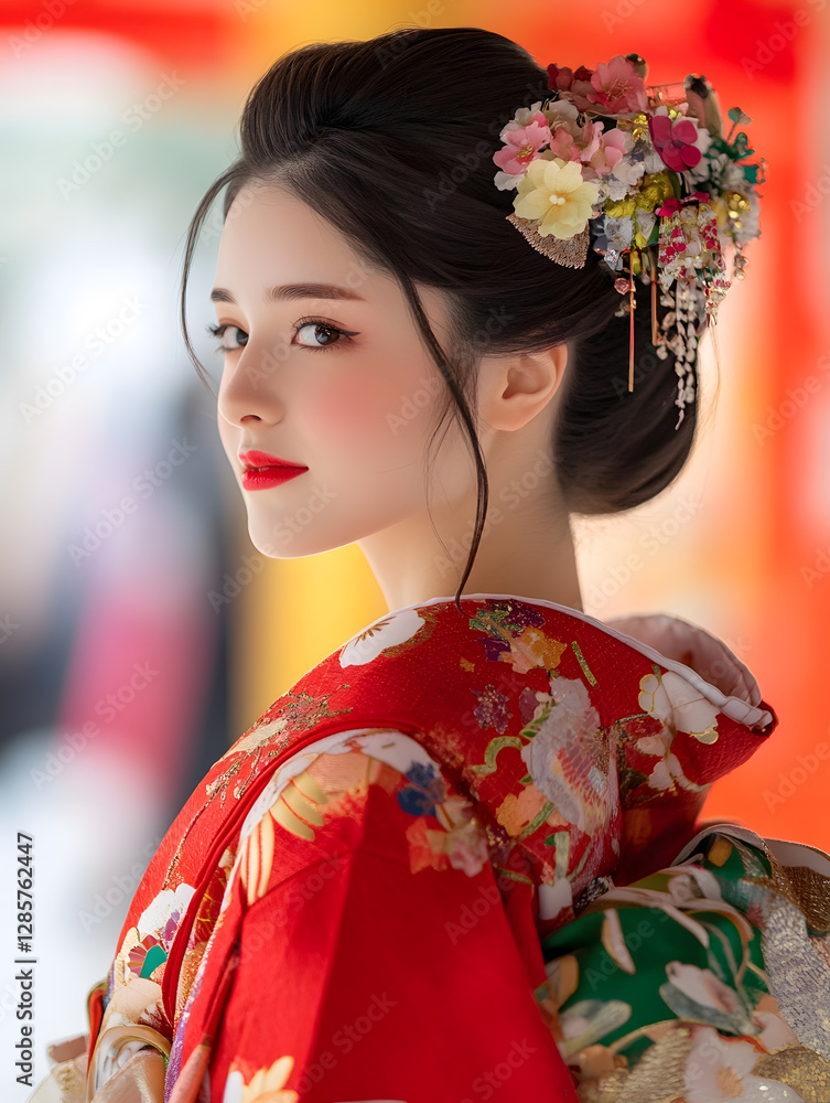 Elegant woman in traditional floral kimono with ornate hairpiece : Generative AI Elegant woman in traditional floral kimono with ornate hairpiece : Generative AI