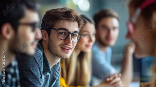 Focused Young Man Among Friends in a Lively Setting