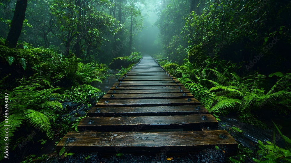 Obraz premium Rustic wooden footbridge winding through a misty lush rainforest landscape Moisture glistens on the weathered planks as ferns grow along the sides