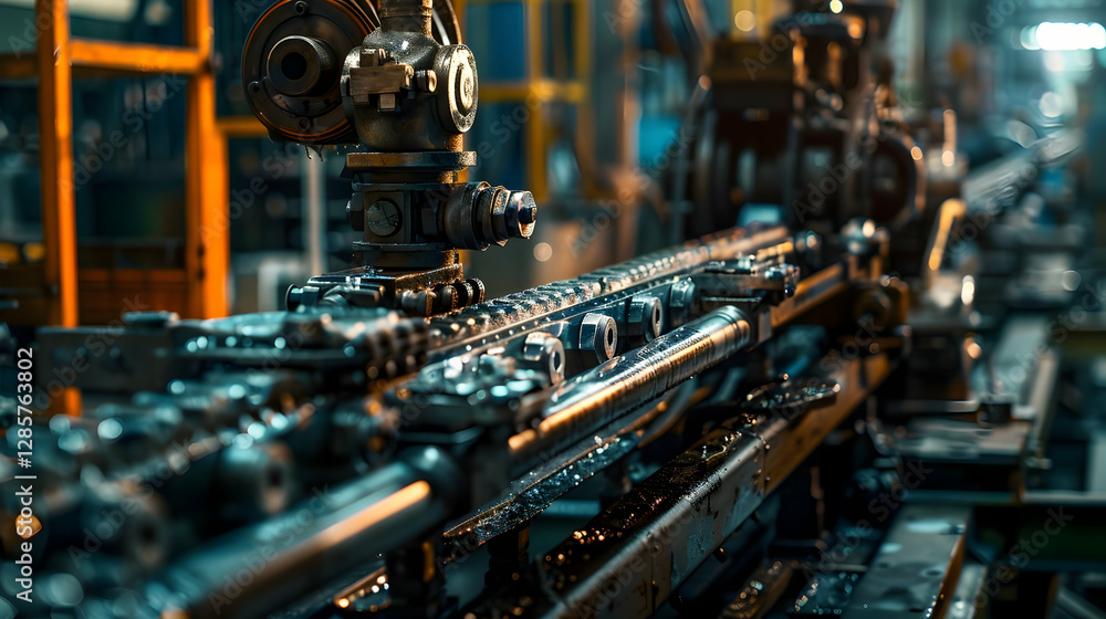 Close-up view of a precision industrial machine with intricate components in a busy factory setting Close-up view of a precision industrial machine with intricate components in a busy factory setting