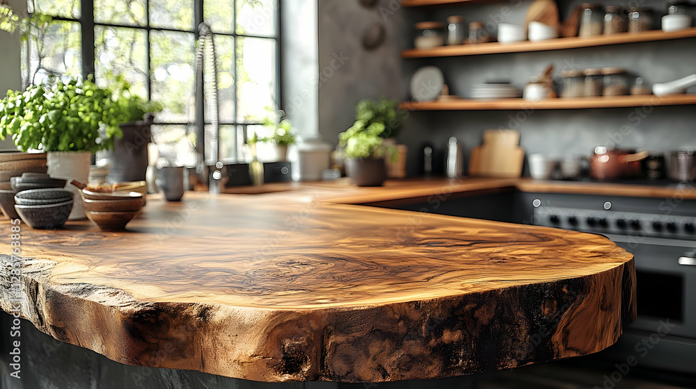 Rustic Kitchen Interior with Wood Countertop Open Shelving and Natural Light Minimalist Decor Plants and Black Appliances for Cooking Enthusiasts Rustic Kitchen Interior with Wood Countertop Open Shelving and Natural Light Minimalist Decor Plants and Black Appliances for Cooking Enthusiasts