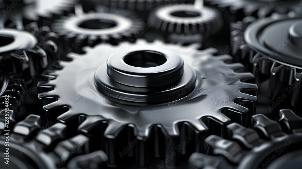 Close-up view of interlocking black gears showcasing intricate mechanical design and texture Close-up view of interlocking black gears showcasing intricate mechanical design and texture