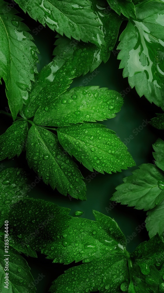 Green leaves with water droplets resting on a dark background creating a fresh and natural atmosphere Green leaves with water droplets resting on a dark background creating a fresh and natural atmosphere