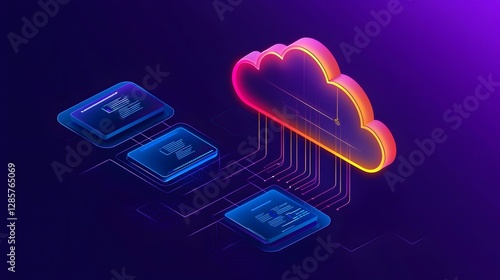 Vibrant and futuristic showcasing a cloud based enterprise management solution with seamless digital transformation featuring a tetradic color scheme and sci fi inspired geometric elements