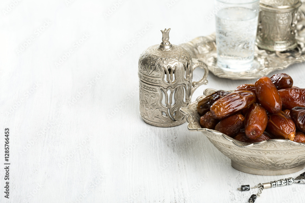 Bowl of dates, cup of coffee,  glass of water and misbaha  on a white wooden background.