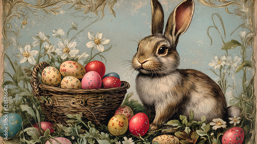 Rabbit with Easter Eggs in Spring Flowers