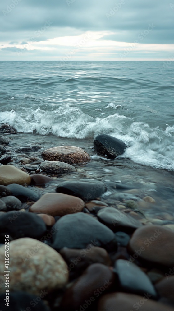 Fototapeta premium Serene rocky shoreline with gentle waves under overcast sky