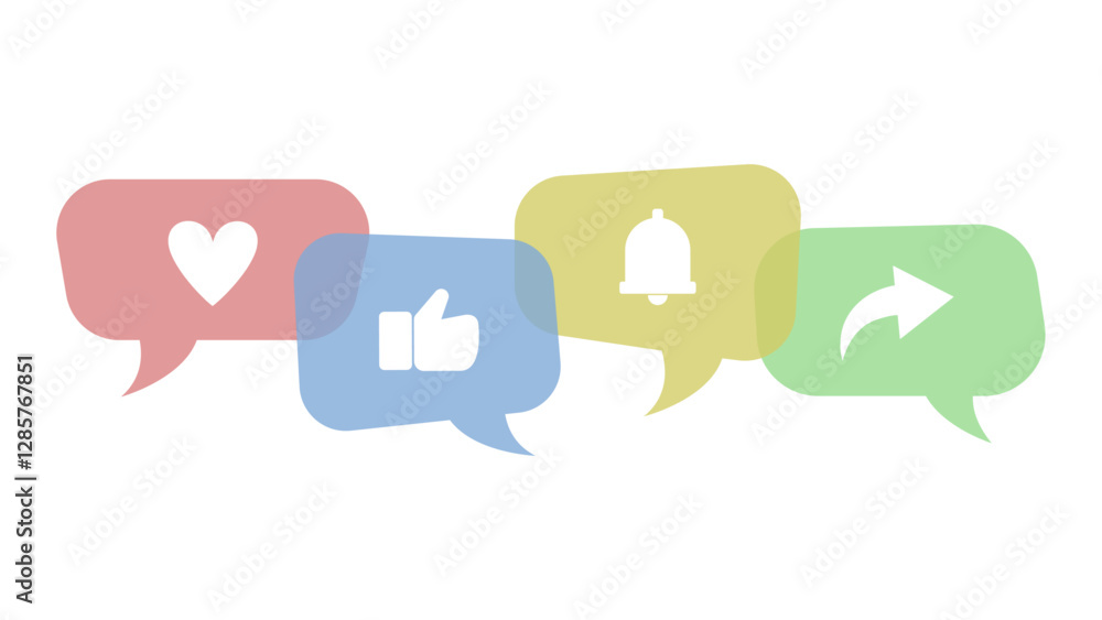 Overlapping speech bubbles in different colors containing social media icons, including a heart, a thumbs up, a notification bell, and a share symbol. Overlapping speech bubbles in different colors containing social media icons, including a heart, a thumbs up, a notification bell, and a share symbol.