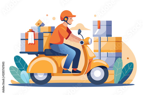 A courier, wearing a helmet, swiftly navigates city streets on a scooter, delivering multiple parcels.  Focus on the dynamic movement and urban setting.