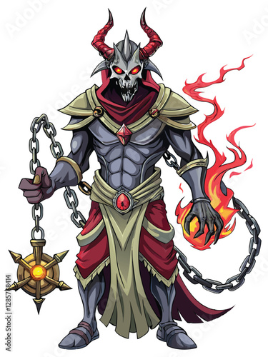 Render a terrifying demonic figure, chained and bound, its body partially obscured by heavy, dark chains.  Focus on intense detail and dramatic lighting.