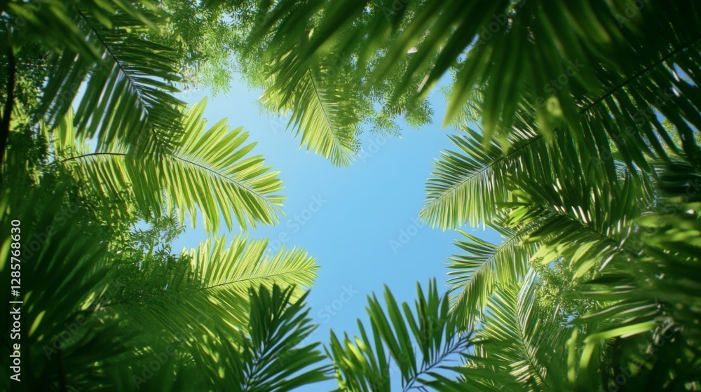 Fototapeta premium Palm leaves canopy, bright sky, tropical, nature view, background image