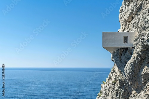 Minimalist house perched on cliff overlooking the ocean under clear skies