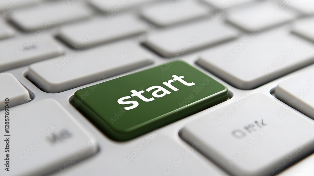 Green Start Button on Keyboard Symbolizing Beginning of Action Green Start Button on Keyboard Symbolizing Beginning of Action