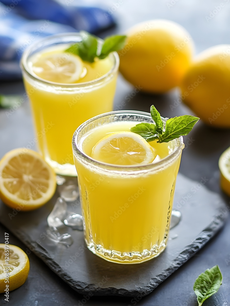 Refreshing Lemonade in Glasses with Fresh Slices and Ice on a Summer Day : Generative AI Refreshing Lemonade in Glasses with Fresh Slices and Ice on a Summer Day : Generative AI