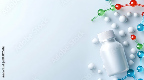 Colorful molecules encircle a white pill bottle on a smooth lab surface