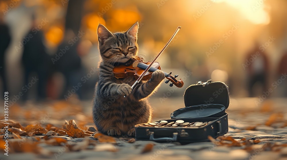 Kitten Playing Violin on Street with Autumn Leaves and Open Case Kitten Playing Violin on Street with Autumn Leaves and Open Case