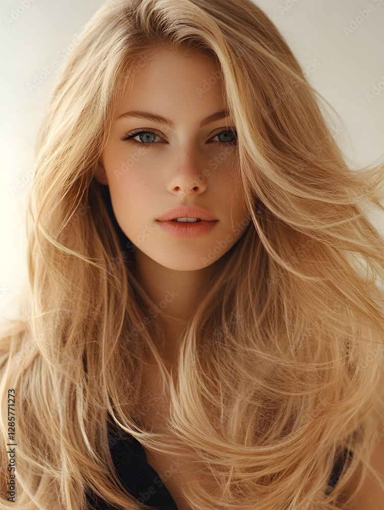 Fototapeta premium Portrait of a Young Woman with Long Flowing Blonde Hair and Natural Makeup in Soft Lighting : Generative AI