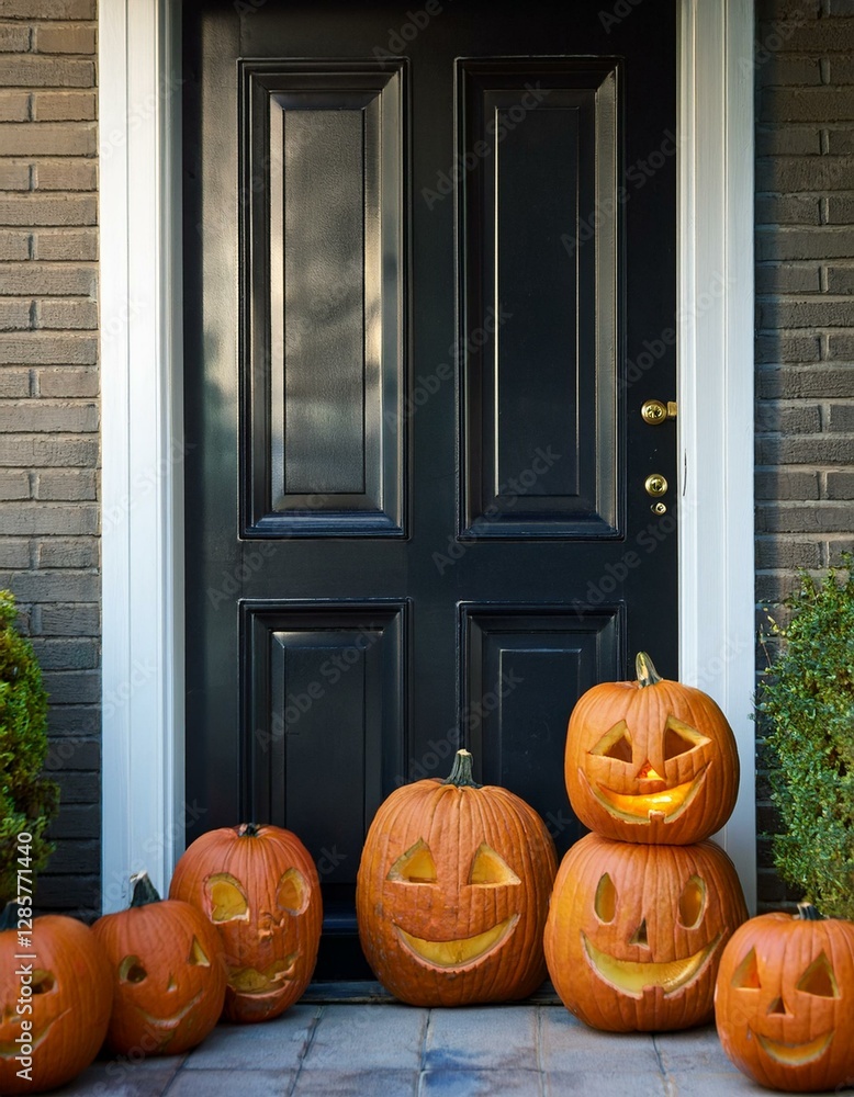 Obraz premium Carved pumpkins near black house door