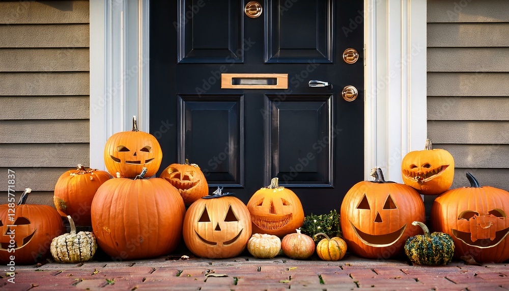 Obraz premium Carved pumpkins near black house door