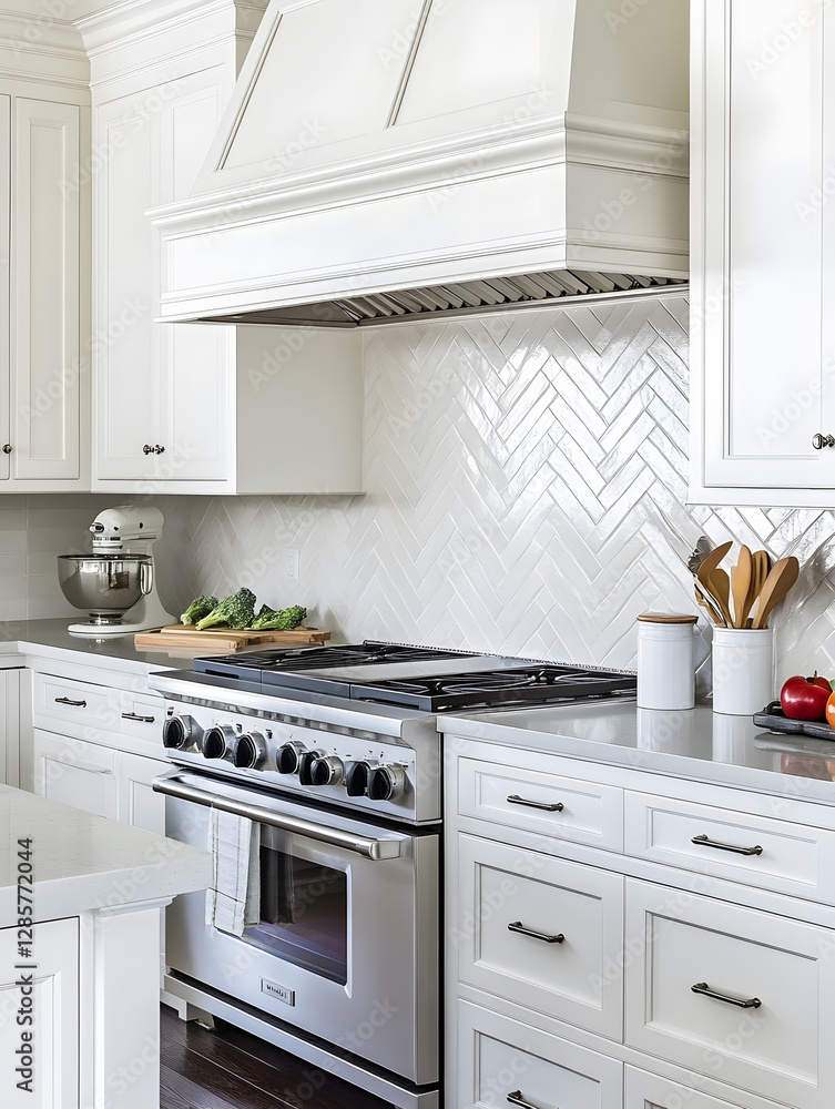 Modern White Kitchen Design with Sleek Appliances and Contemporary Backsplash : Generative AI Modern White Kitchen Design with Sleek Appliances and Contemporary Backsplash : Generative AI