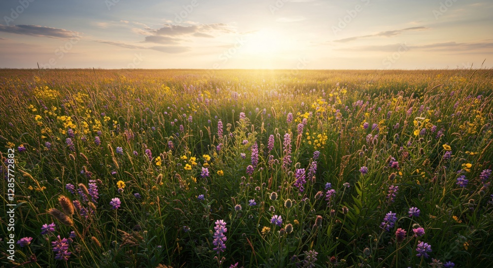 Naklejka premium A vibrant wildflower meadow bathed in warm golden sunlight stretches endlessly to the horizon, creating a peaceful and dreamy summer landscape under a soft, glowing sky.