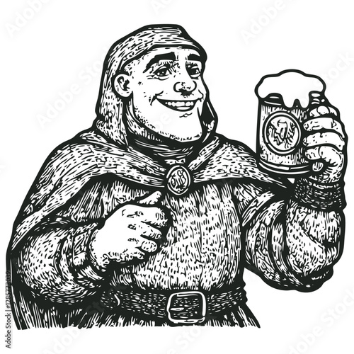 Vector illustration of a happy monk holding a mug of beer. Vintage engraving style, black and white. Great for brewery, pub, or historical themed designs.