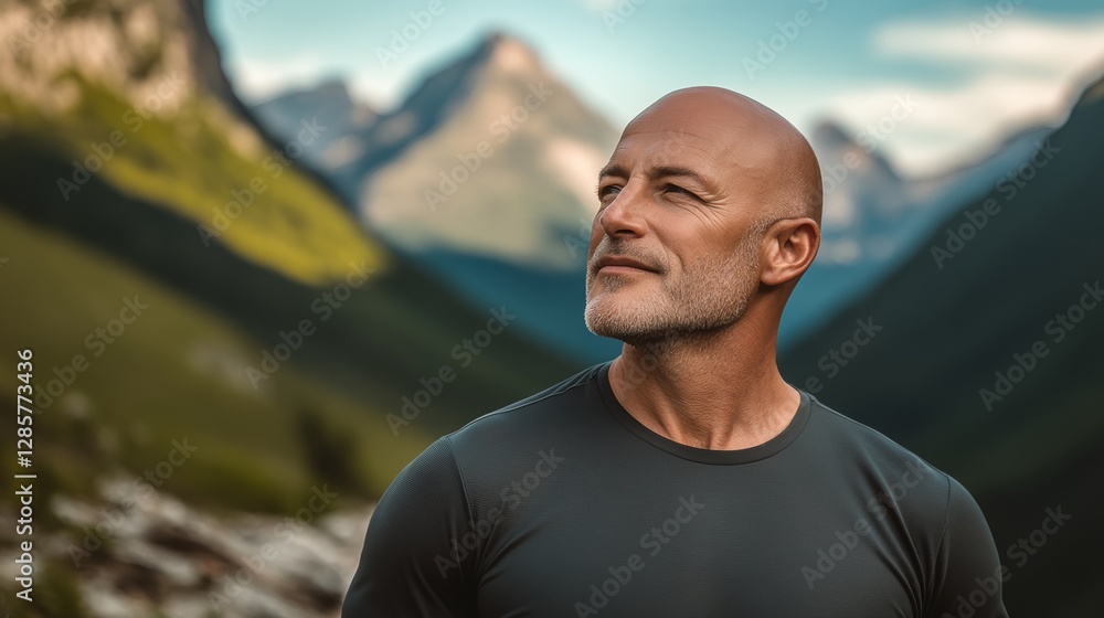 Man with a bald head is standing in front of a mountain range. He is smiling and looking at the camera Man with a bald head is standing in front of a mountain range. He is smiling and looking at the camera