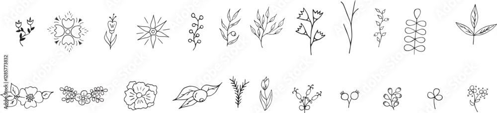 Naklejka premium a set of hand drawn plants and flowers, floral vector illustration