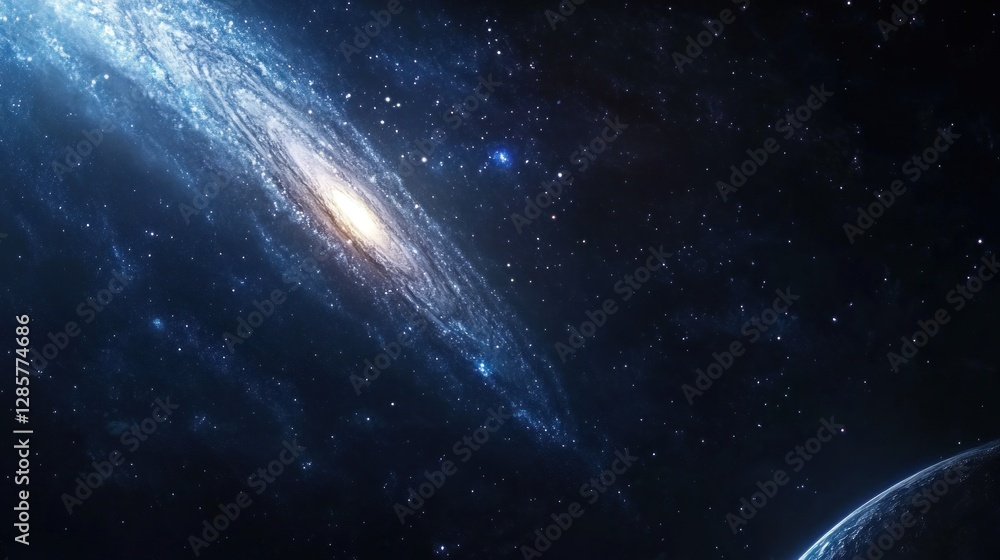 Naklejka premium Spectacular spiral galaxy with radiant light and distant planet