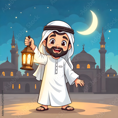 Ramadan Mubarak background with a smiling Arab character holding a lantern in his hand and behind him the crescent moon appears illuminated