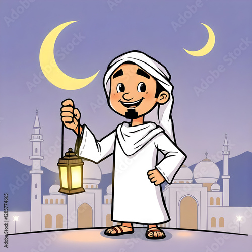 Ramadan Mubarak background with a smiling Arab character holding a lantern in his hand and behind him the crescent moon appears illuminated