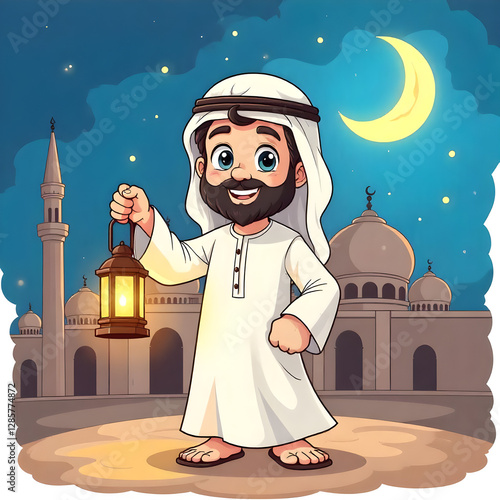 Ramadan Mubarak background with a smiling Arab character holding a lantern in his hand and behind him the crescent moon appears illuminated