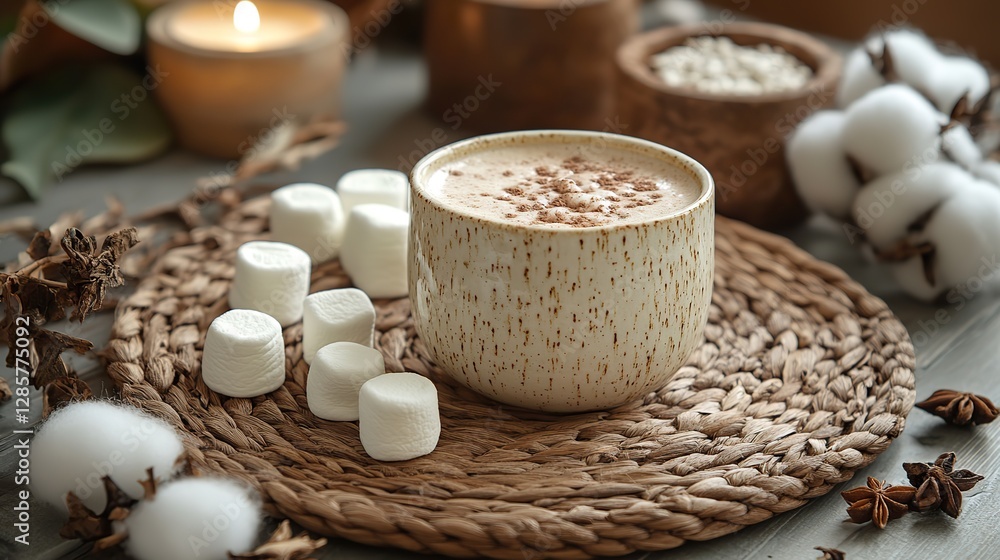 Winter indulgence plaid, hot chocolate, marshmallow, rattan mat, spices, and cotton branch on grey. Winter indulgence plaid, hot chocolate, marshmallow, rattan mat, spices, and cotton branch on grey.