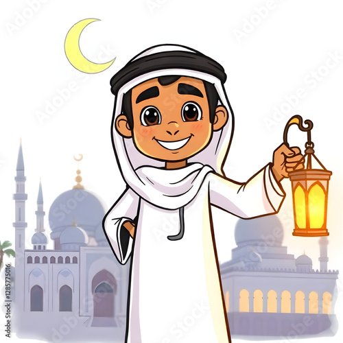 Ramadan Mubarak background with a smiling Arab character holding a lantern in his hand and behind him the crescent moon appears illuminated