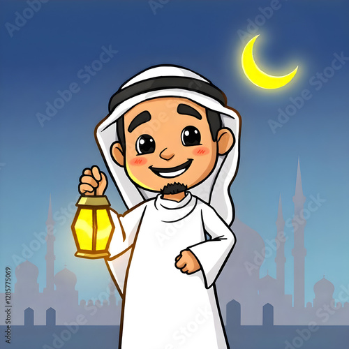 Ramadan Mubarak background with a smiling Arab character holding a lantern in his hand and behind him the crescent moon appears illuminated