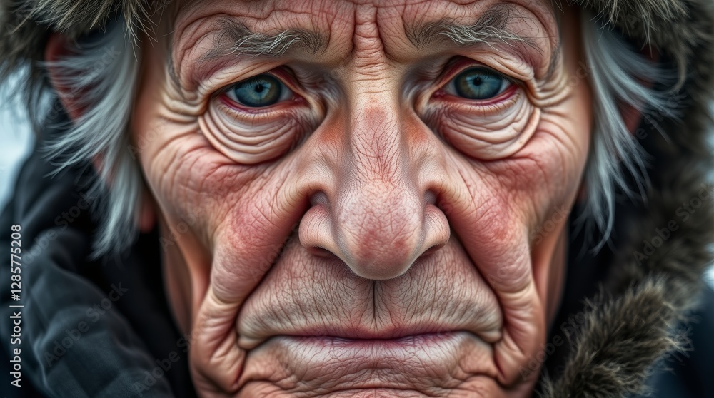 Close-up of an elderly Eskimo man with a weathered face and serene expression Close-up of an elderly Eskimo man with a weathered face and serene expression