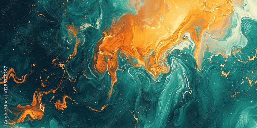 Naklejka premium Abstract teal and orange background with swirling liquid paint, gold accents