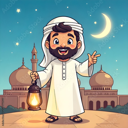 Ramadan Mubarak background with a smiling Arab character holding a lantern in his hand and behind him the crescent moon appears illuminated