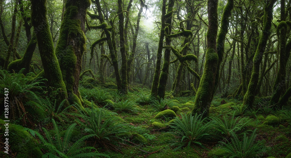 A mystical, lush green forest covered in vibrant moss and ferns. Twisting trees reach towards the misty canopy, creating an enchanted, serene, and untouched natural wonderland. A mystical, lush green forest covered in vibrant moss and ferns. Twisting trees reach towards the misty canopy, creating an enchanted, serene, and untouched natural wonderland.