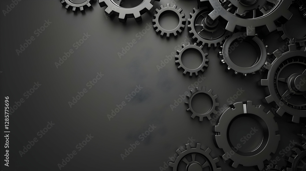 Abstract composition featuring black gears on a dark background, symbolizing machinery and industry Abstract composition featuring black gears on a dark background, symbolizing machinery and industry