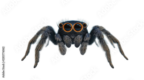 Jumping spider with distinctive eyes on a clean white background captures natural detail and texture