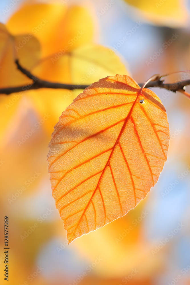 Close-Up of Vibrant Orange Autumn Leaf Against Soft Blue Sky : Generative AI Close-Up of Vibrant Orange Autumn Leaf Against Soft Blue Sky : Generative AI