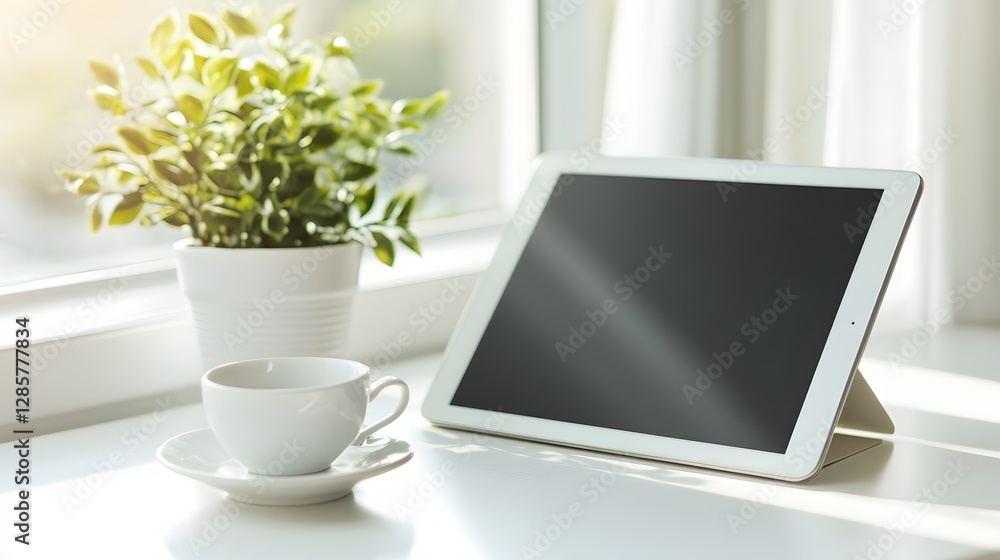 Modern Workspace with Tablet, Coffee Cup, and Green Plant in Light Modern Workspace with Tablet, Coffee Cup, and Green Plant in Light