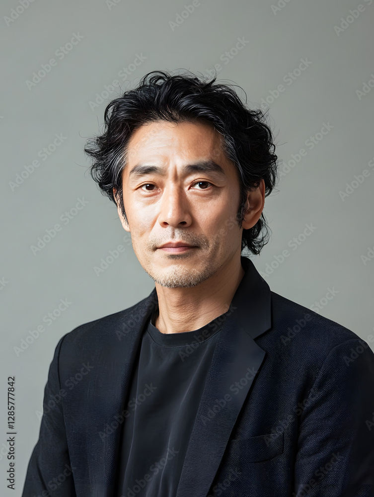 Portrait of a Mature Man in Black Jacket Against Neutral Backdrop : Generative AI Portrait of a Mature Man in Black Jacket Against Neutral Backdrop : Generative AI
